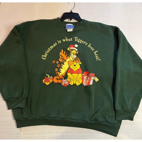 VTG Disney Pooh Christmas Sweatshirt XL Green Crewneck ribbed detail  Graphic - Picture 1 of 10